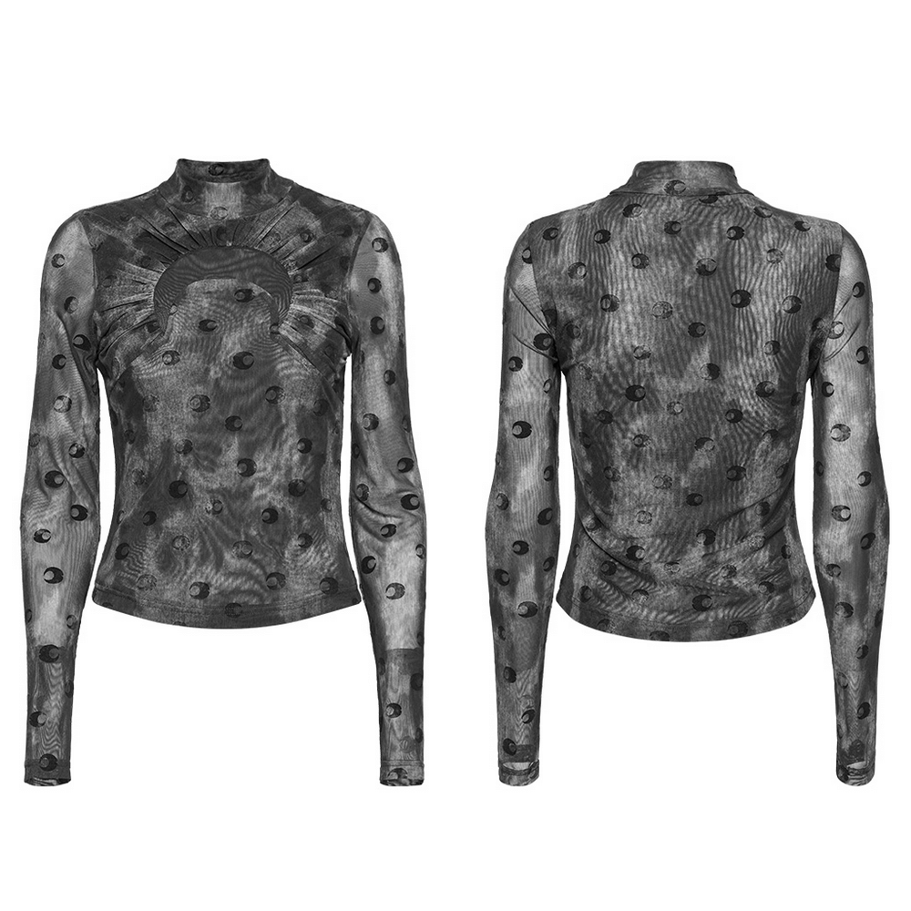 Mesh Crescent Print Long Sleeve Top with High Collar