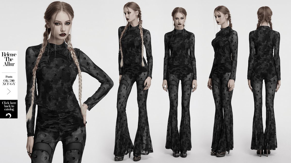 Mesh Crescent Print Long Sleeve Top with High Collar