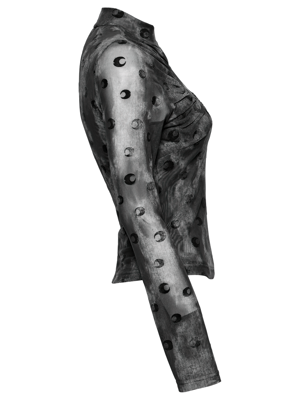 Mesh Crescent Print Long Sleeve Top with High Collar