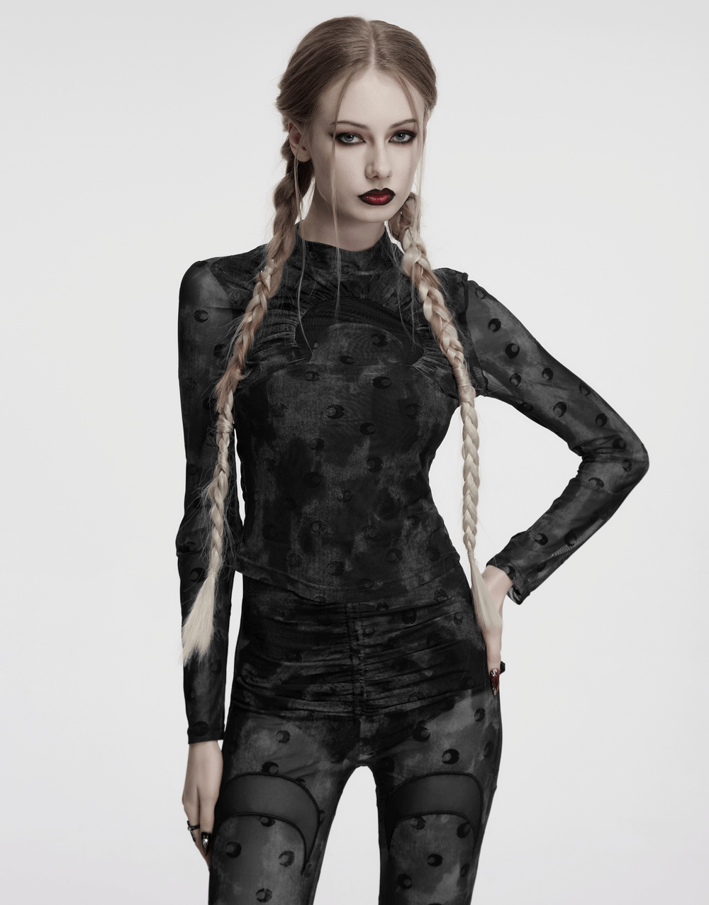 Mesh Crescent Print Long Sleeve Top with High Collar