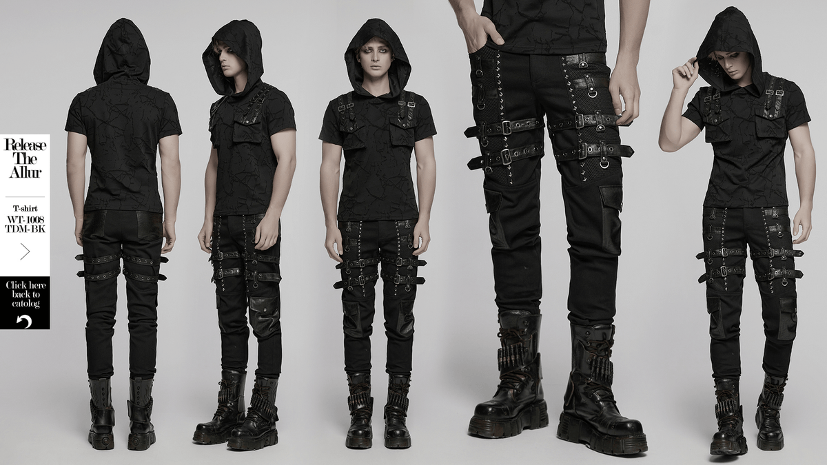 Metal Punk Stretch Pants with Studded Straps and Buckles