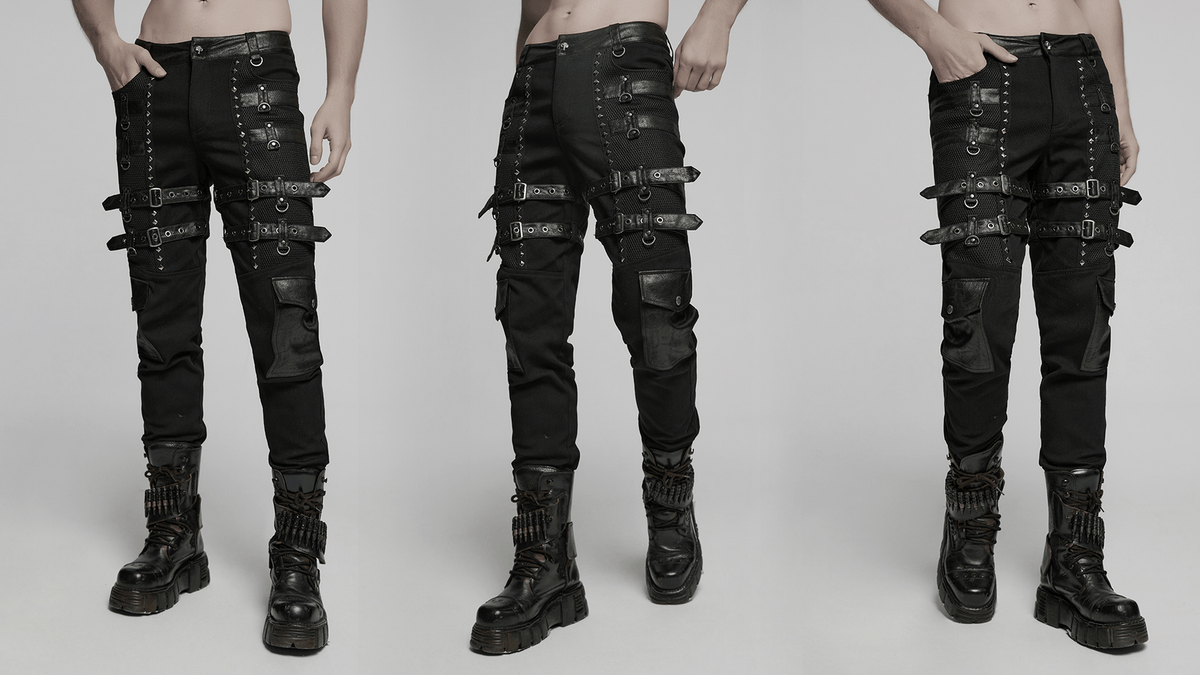 Metal Punk Stretch Pants with Studded Straps and Buckles
