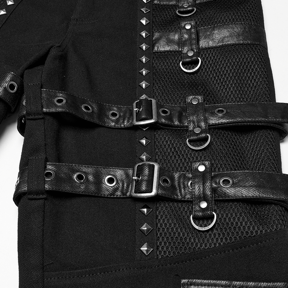 Metal Punk Stretch Pants with Studded Straps and Buckles
