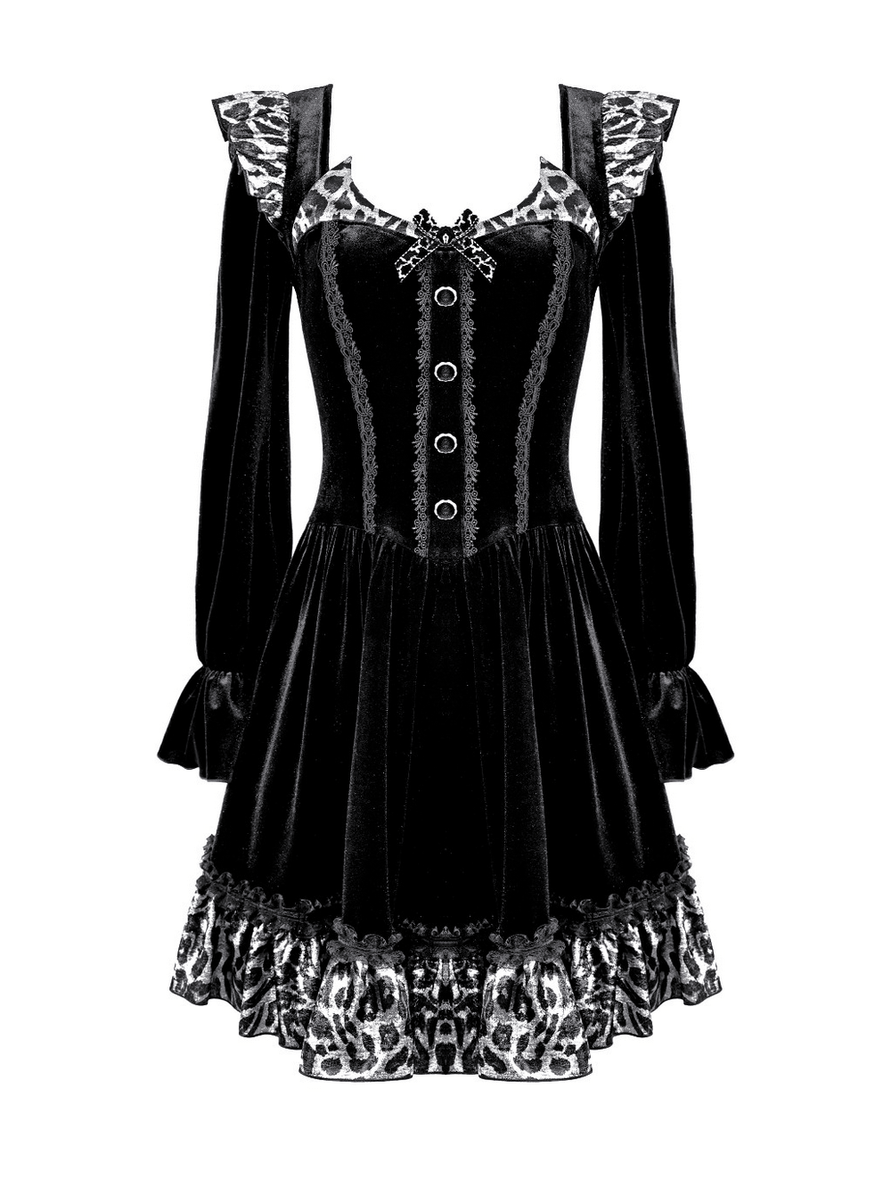 Mini Dress with Leopard Print Ruffles and Flared Sleeves