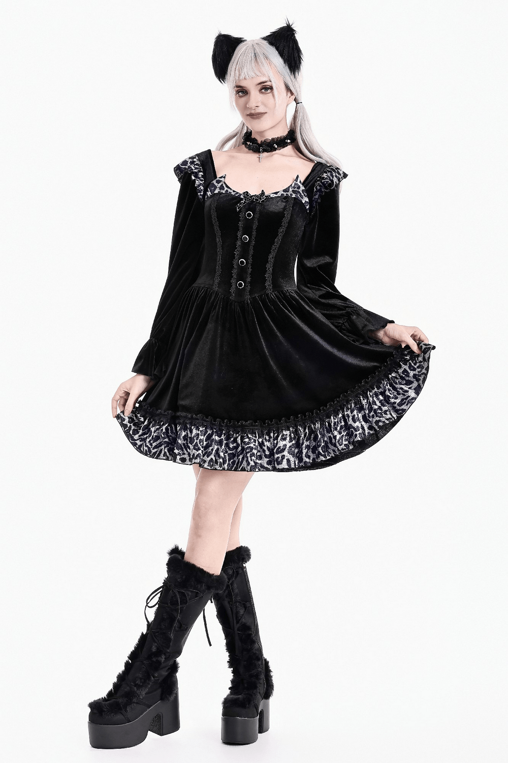 Mini Dress with Leopard Print Ruffles and Flared Sleeves