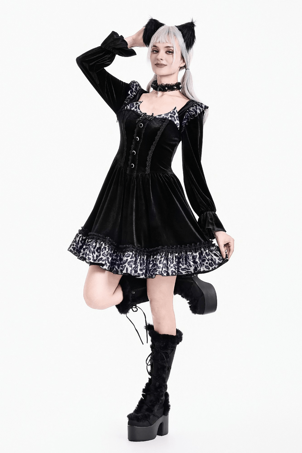 Mini Dress with Leopard Print Ruffles and Flared Sleeves