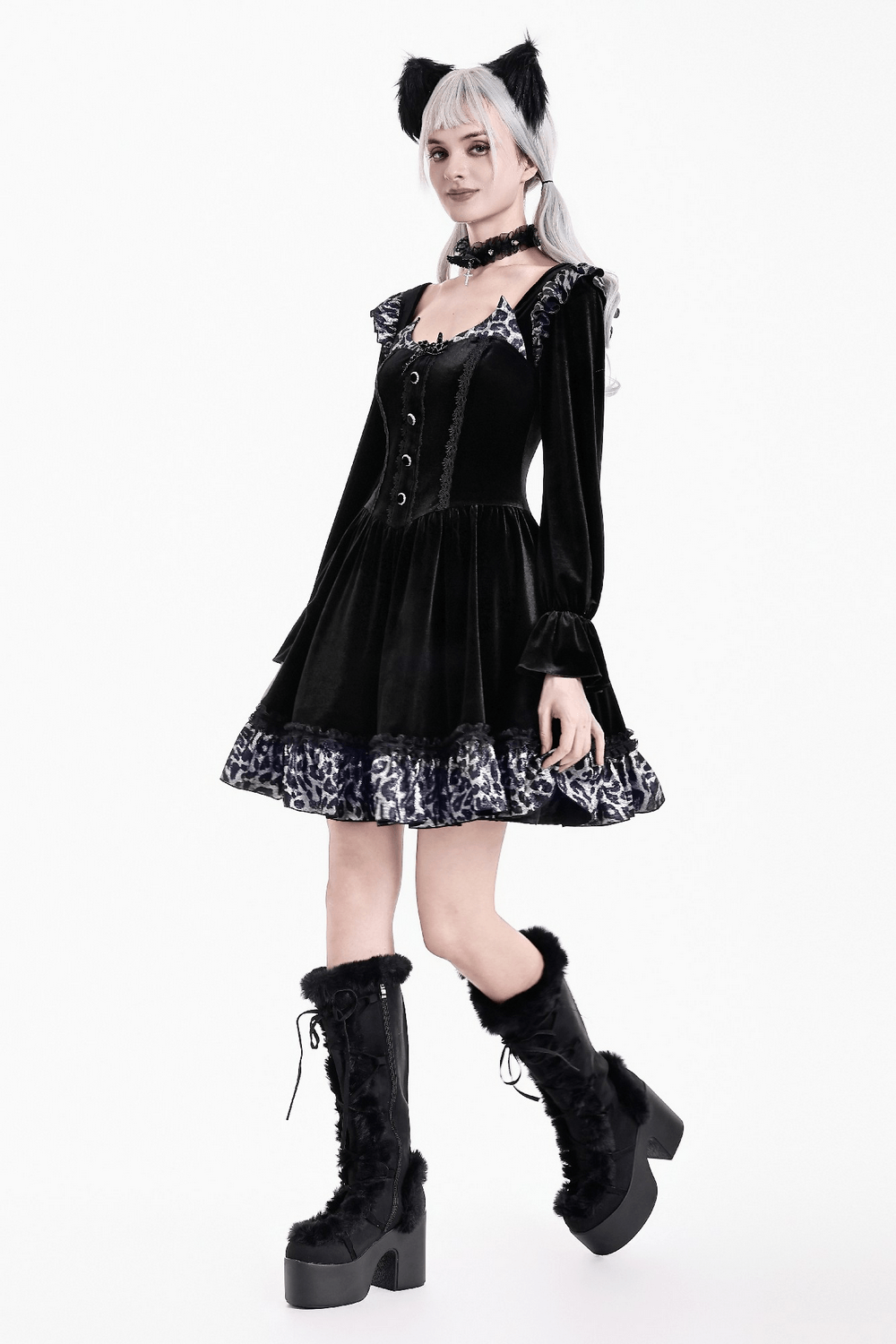 Mini Dress with Leopard Print Ruffles and Flared Sleeves