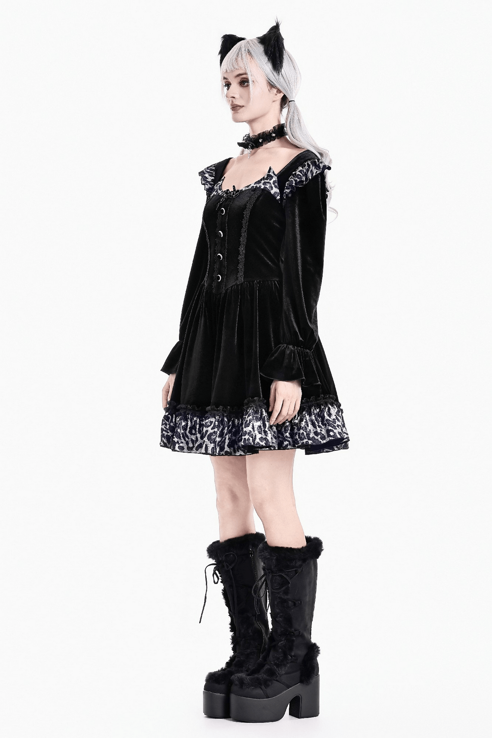Mini Dress with Leopard Print Ruffles and Flared Sleeves