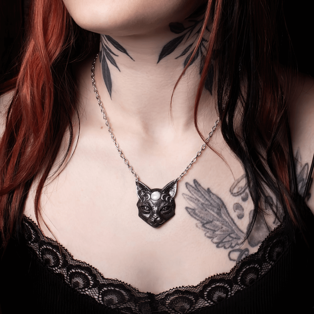 Mystic Moon Cat Pendant with Mother of Pearl and Moon Phases