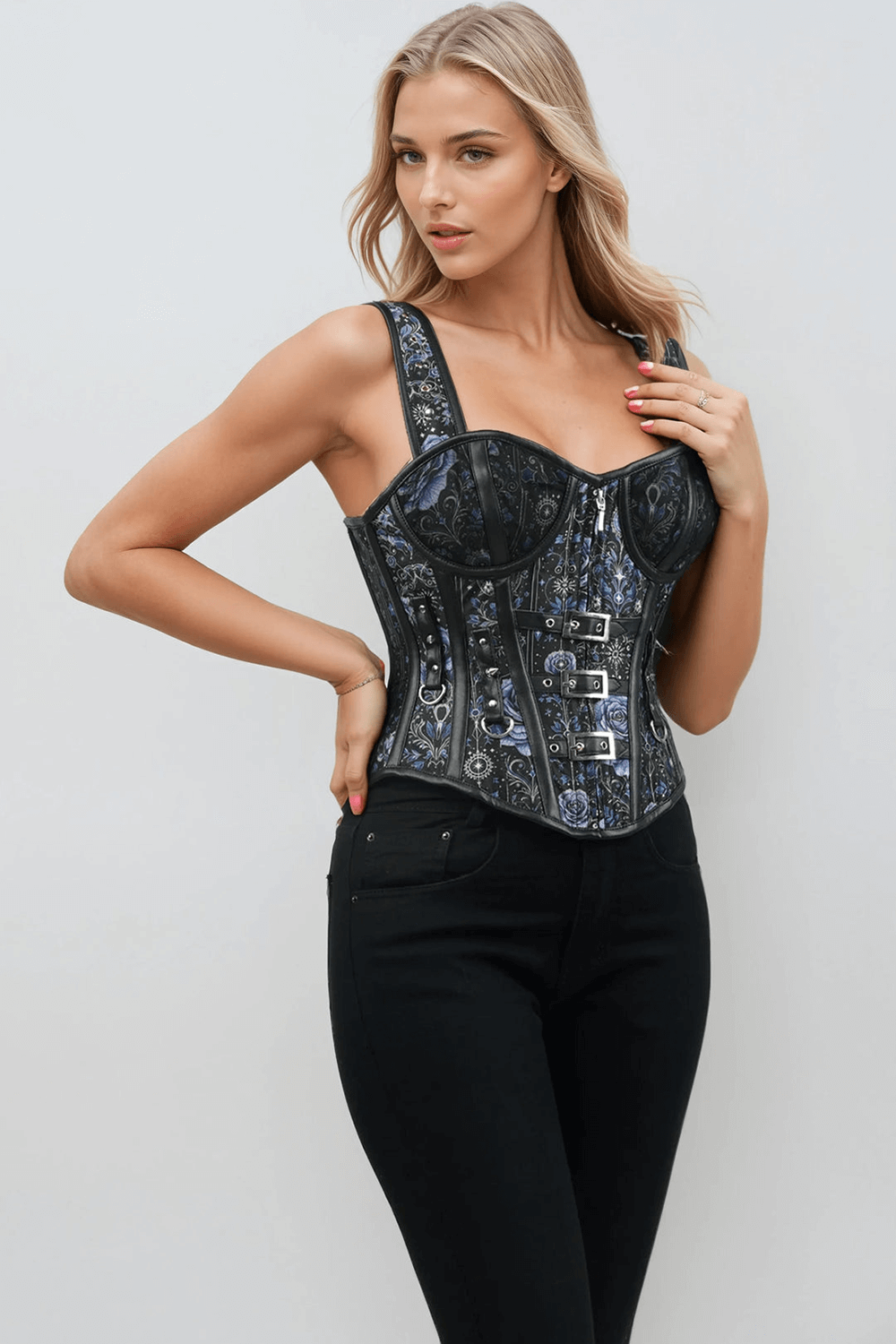 Mystical Floral Gothic Corset with Buckle Straps
