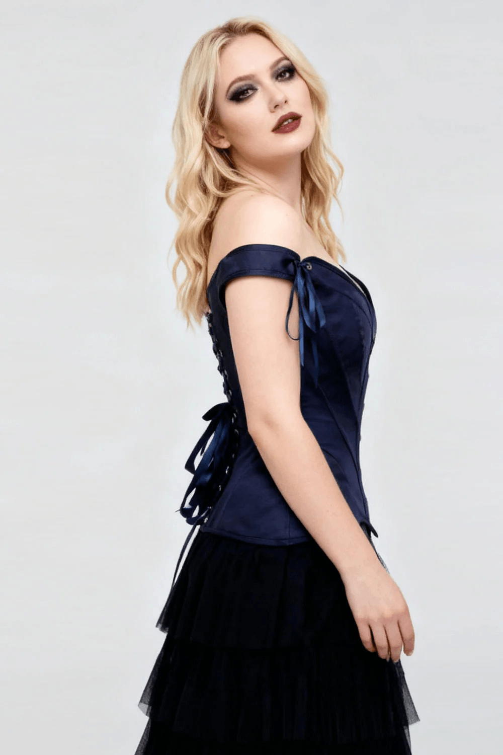 Navy Gothic Off Shoulder Overbust Corset with Ribbon Tie Top