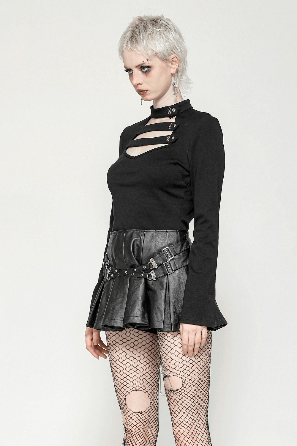 Neck Cutout Long Sleeved Gothic Top with Button Detail