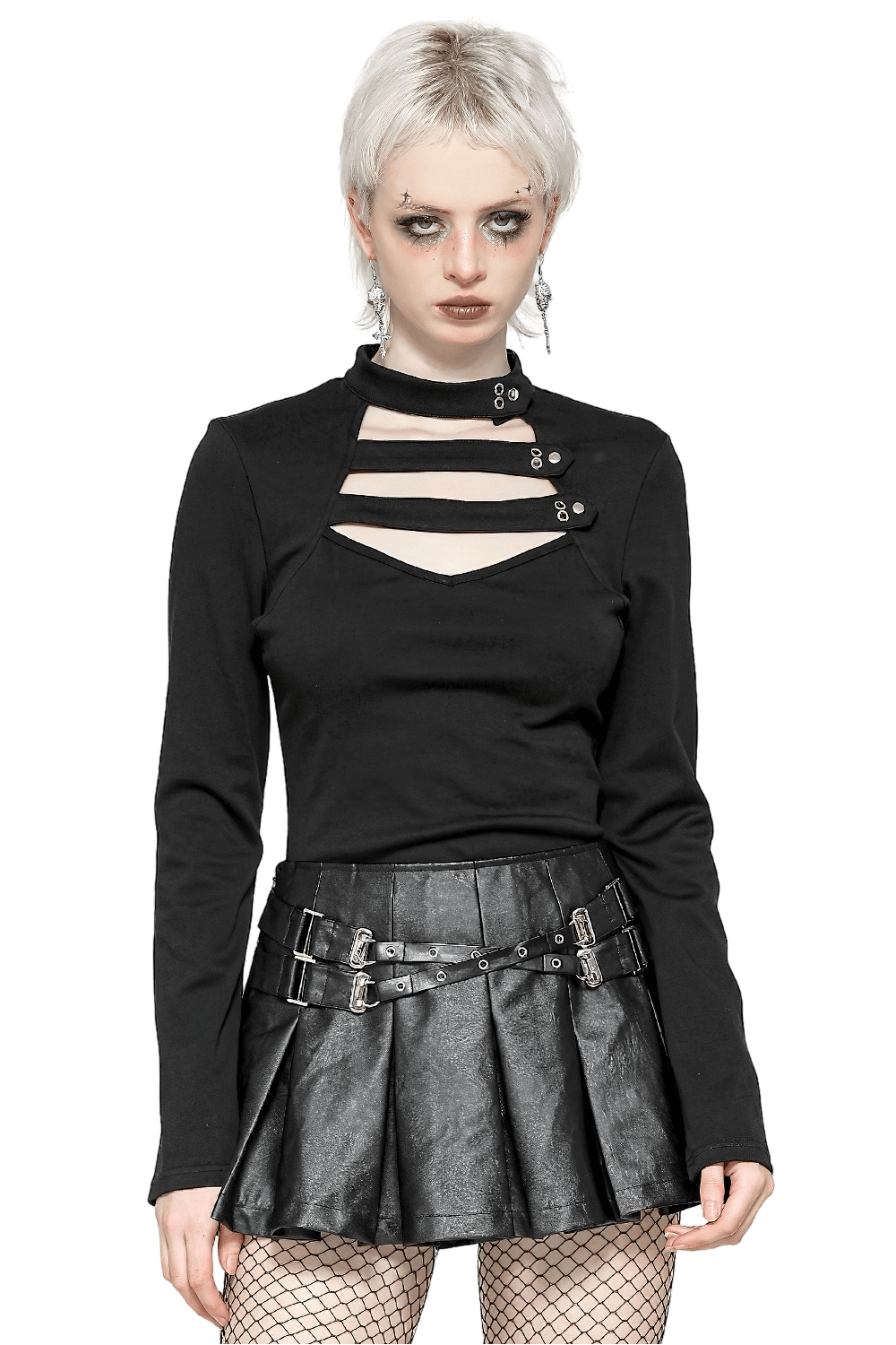 Neck Cutout Long Sleeved Gothic Top with Button Detail