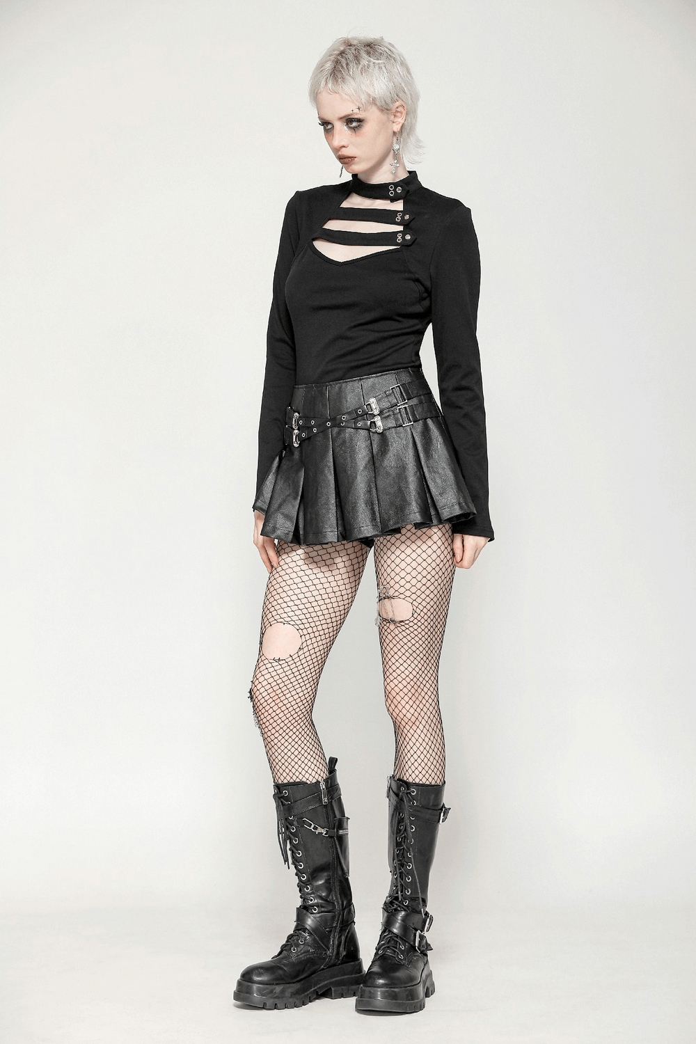 Neck Cutout Long Sleeved Gothic Top with Button Detail