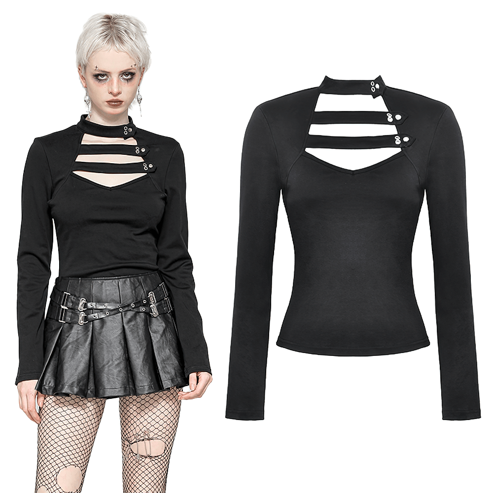 Neck Cutout Long Sleeved Gothic Top with Button Detail
