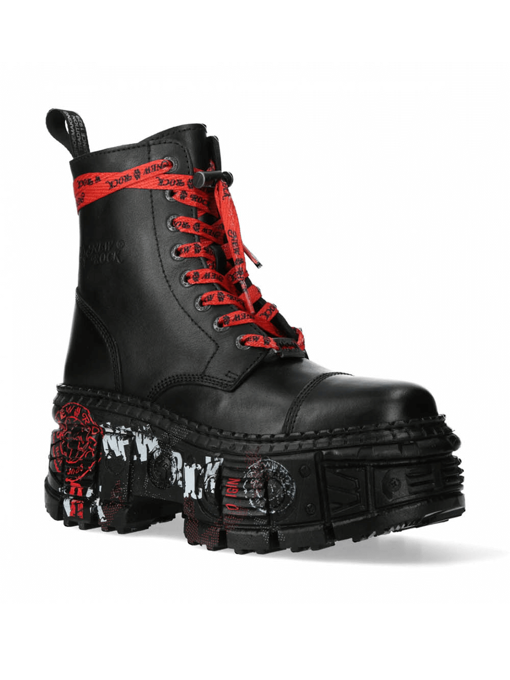 NEW ROCK Men's Black Platform Gothic Ankle Boots with Red Laces