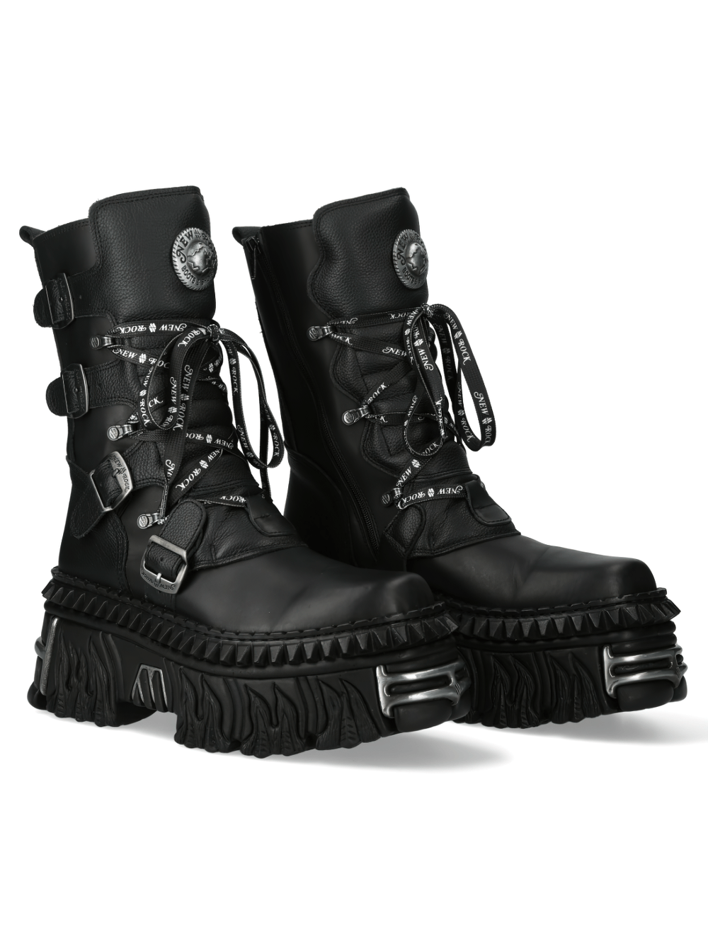 NEW ROCK Men's Bold Black Gothic Punk Lace-Up and Buckle Boots
