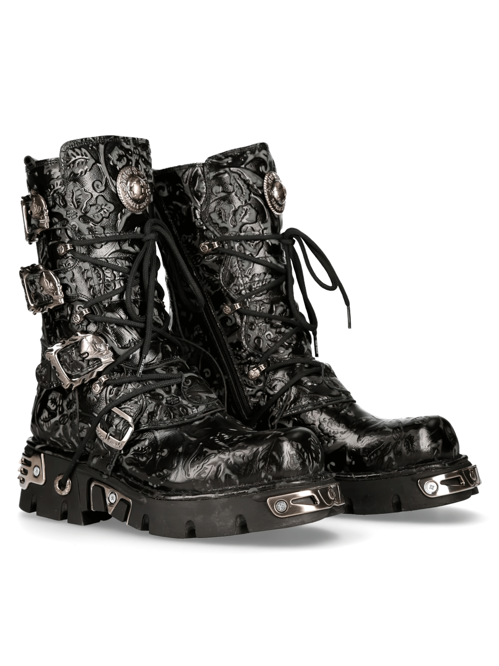 NEW ROCK Men's Embossed Black Gothic Boot with Buckle Detail