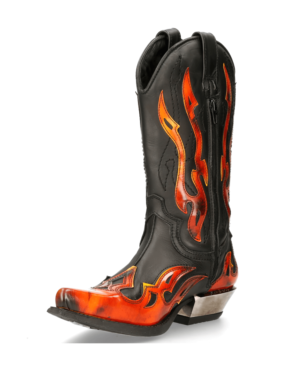 NEW ROCK Men's Flame-Adorned Black Western Leather Boots