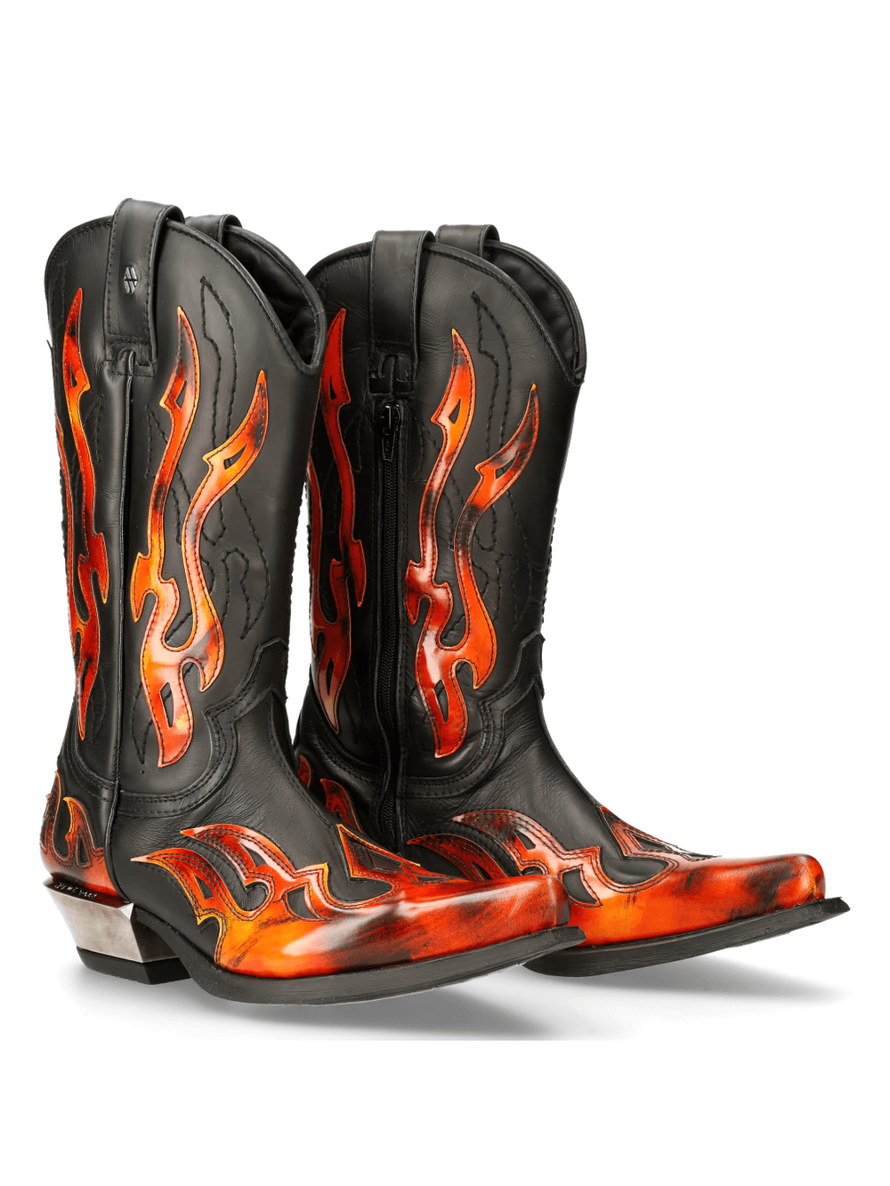 NEW ROCK Men's Flame-Adorned Black Western Leather Boots