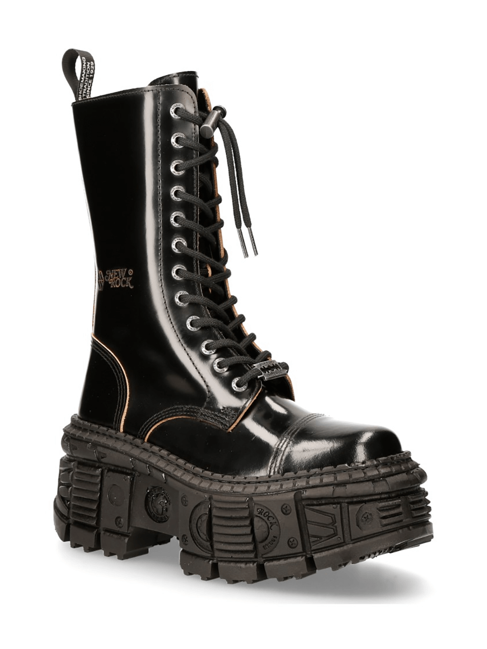 NEW ROCK Men's Glossy Platform Boots with Chunky Sole and Laces