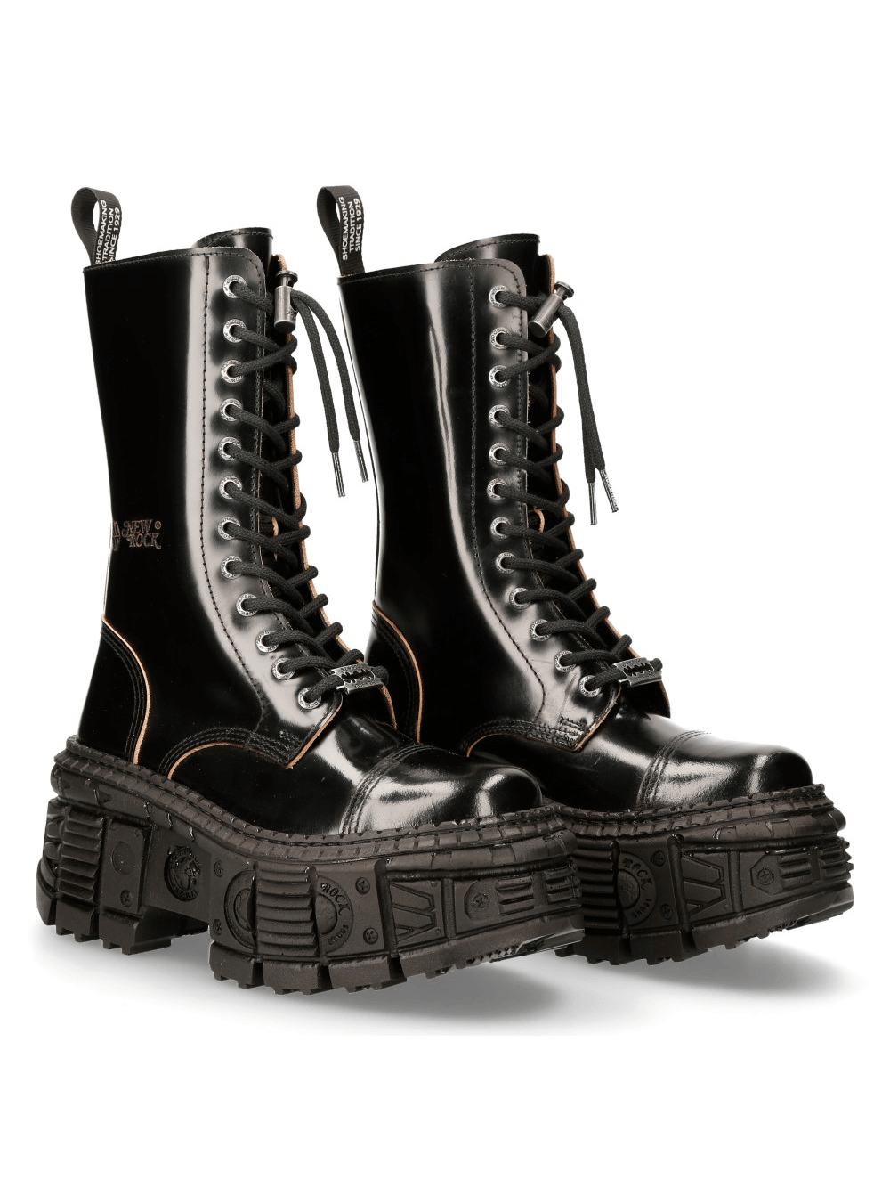 NEW ROCK Men's Glossy Platform Boots with Chunky Sole and Laces