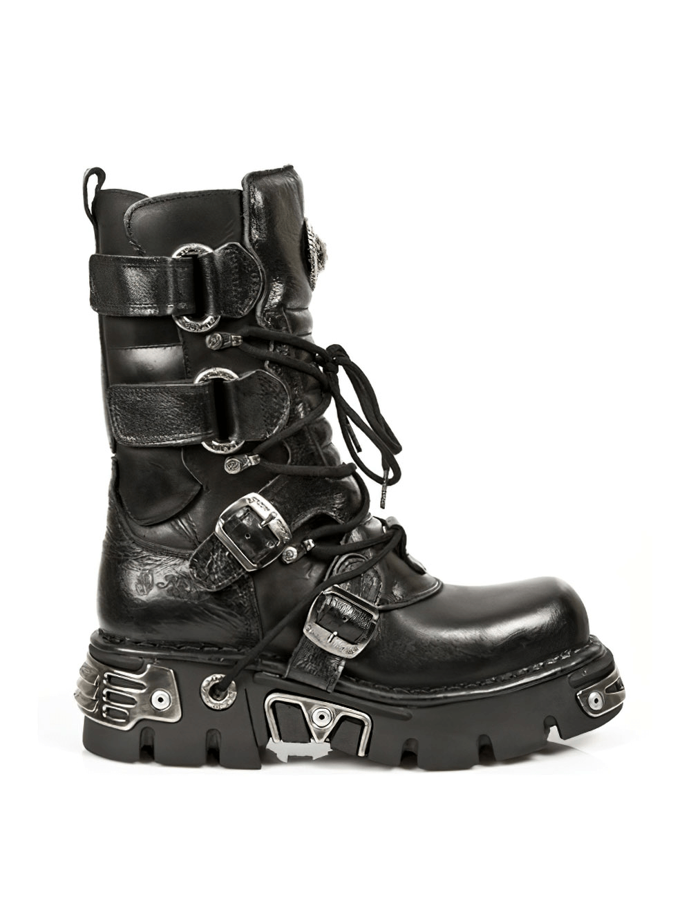 NEW ROCK Men's Gothic Black Leather Boots with Metal Accents