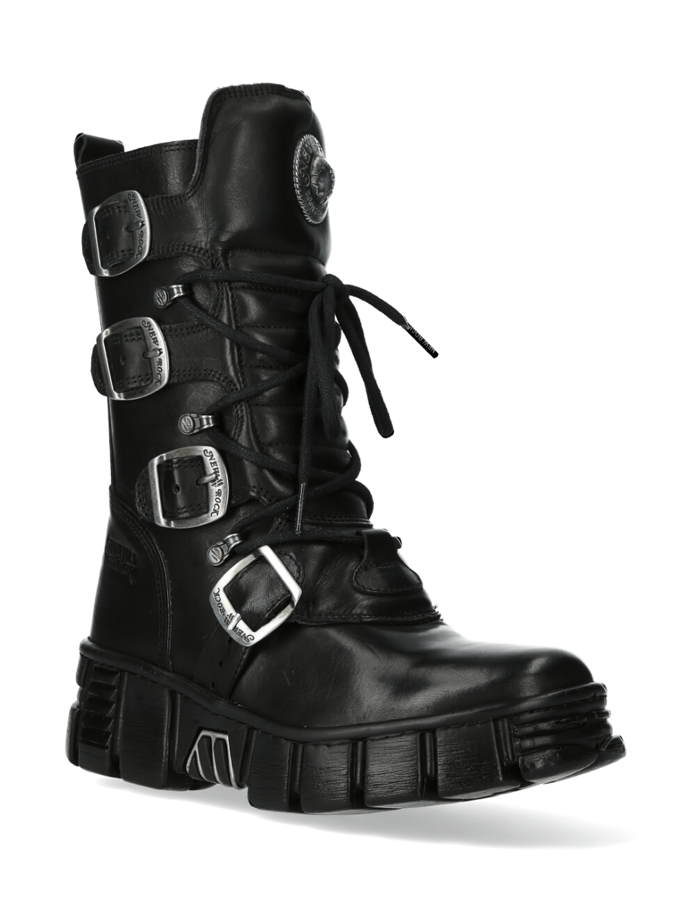 NEW ROCK Men's Gothic Leather Boots with Metallic Emblem