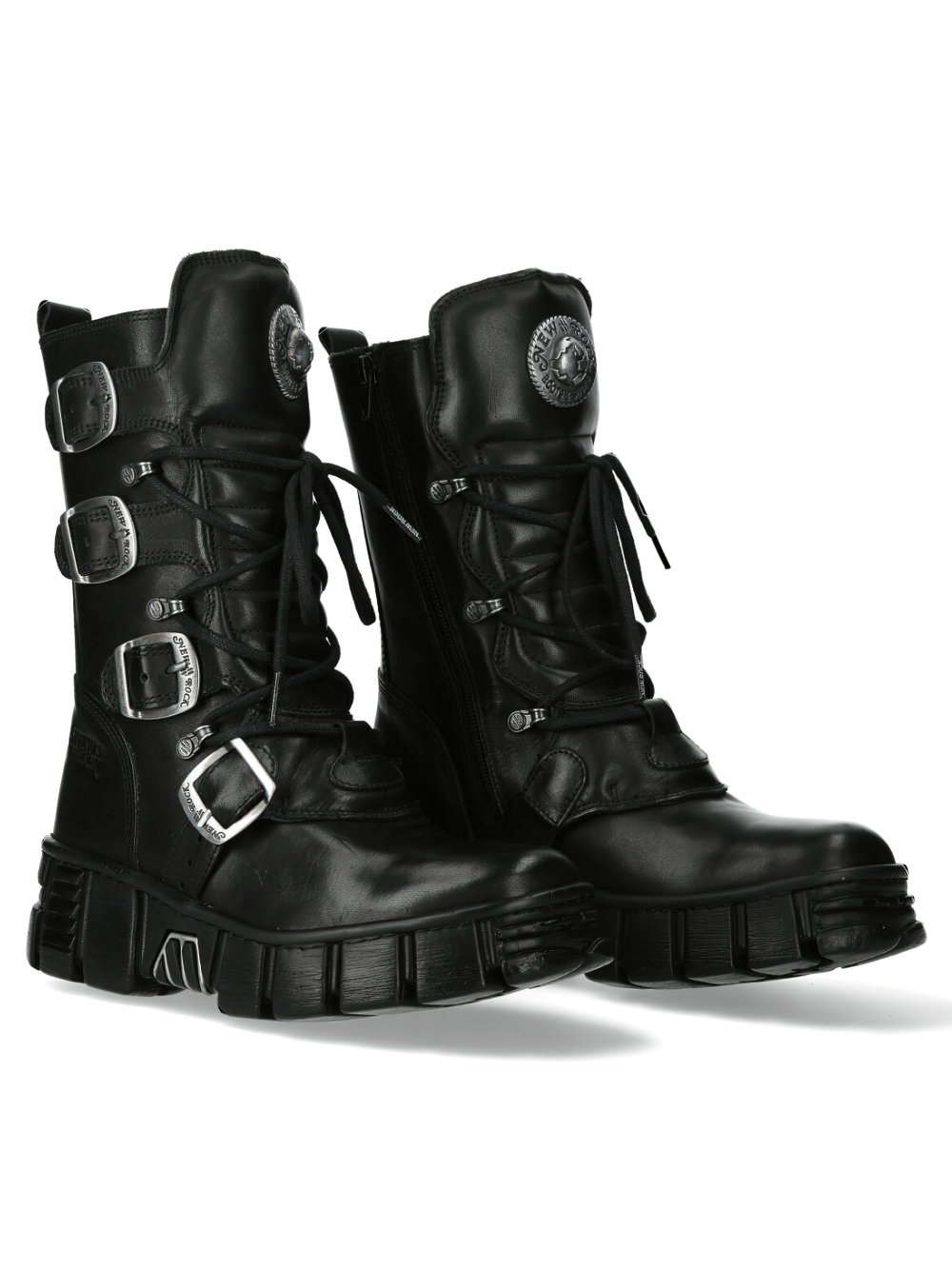 NEW ROCK Men's Gothic Leather Boots with Metallic Emblem