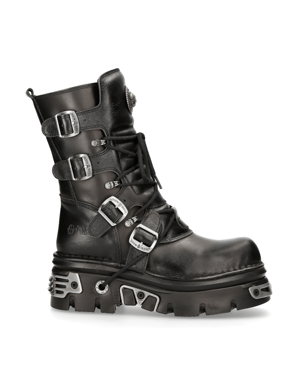 NEW ROCK Men's Gothic Rocker Buckled Lace-Up Black Boots