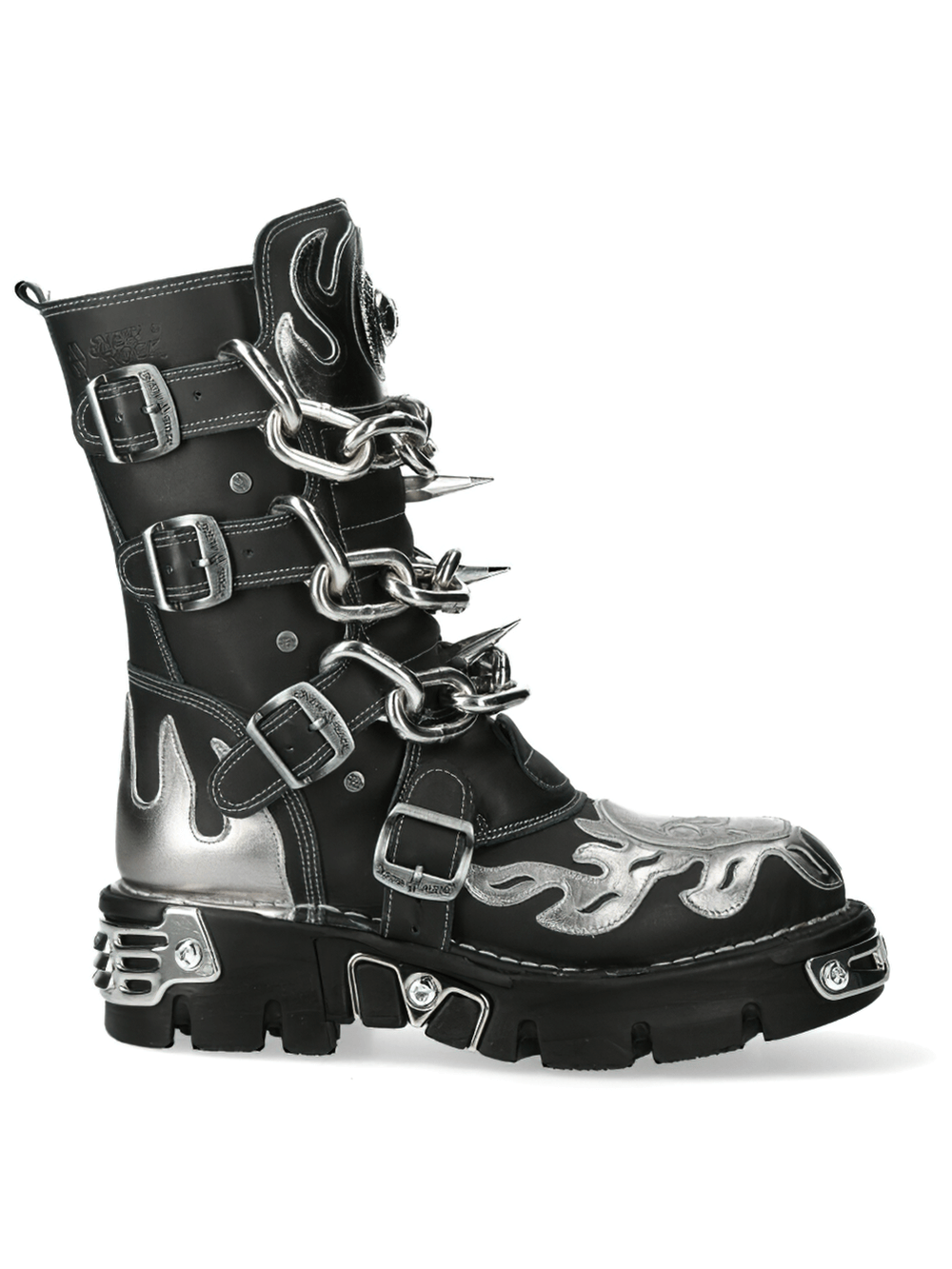 NEW ROCK Men's Leather Boots with Silver Flame and Chain Details