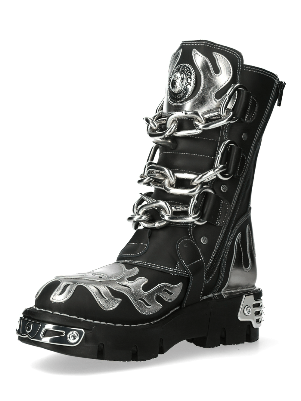 NEW ROCK Men's Leather Boots with Silver Flame and Chain Details