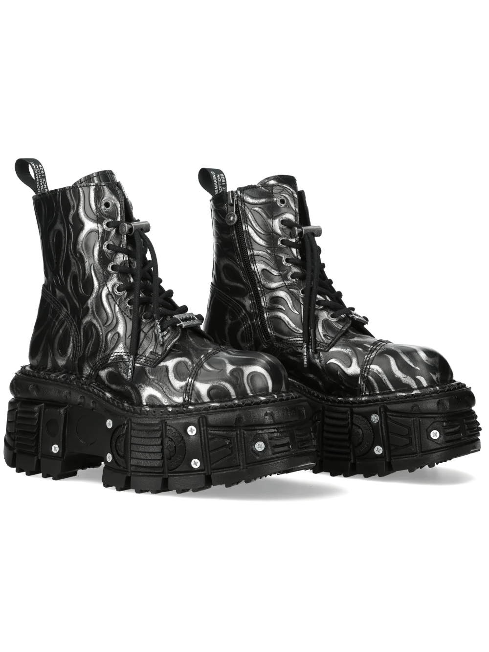 NEW ROCK Men's Silver Flame Boots with Chunky Tread Base