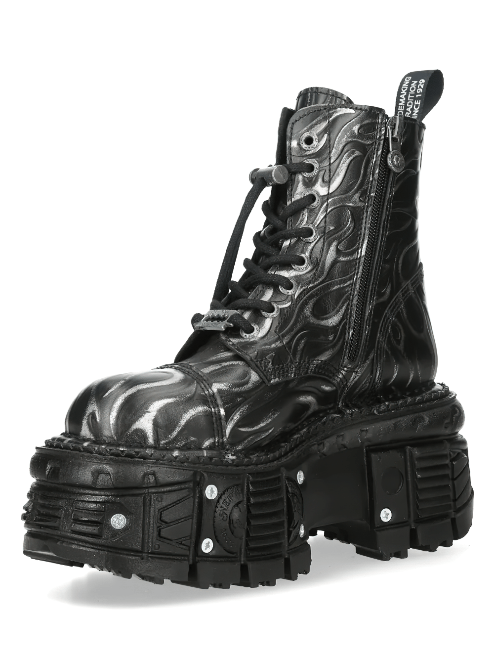 NEW ROCK Men's Silver Flame Boots with Chunky Tread Base