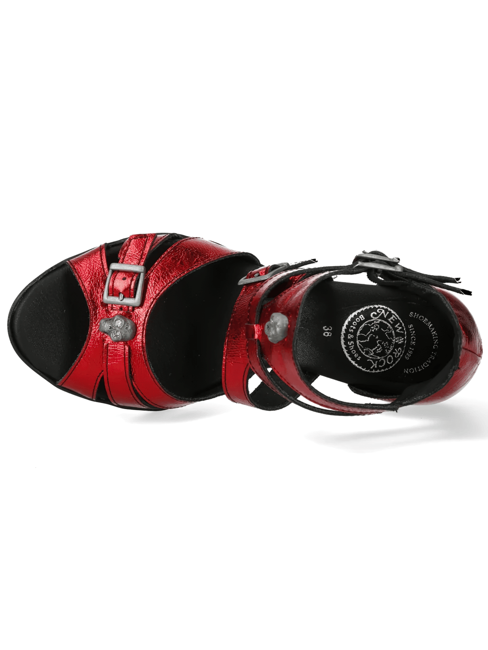 NEW ROCK Red Punk Heeled Sandals with Metallic Skull Buckles