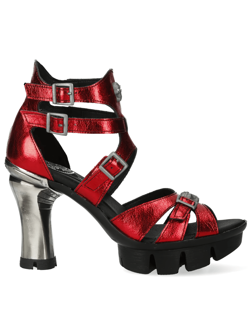 NEW ROCK Red Punk Heeled Sandals with Metallic Skull Buckles