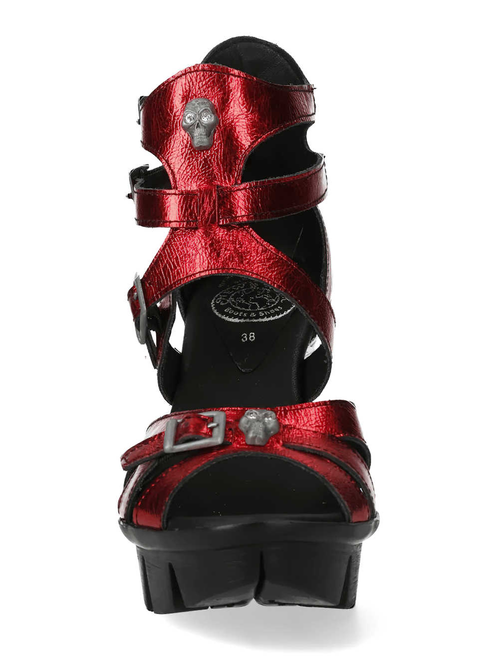 NEW ROCK Red Punk Heeled Sandals with Metallic Skull Buckles