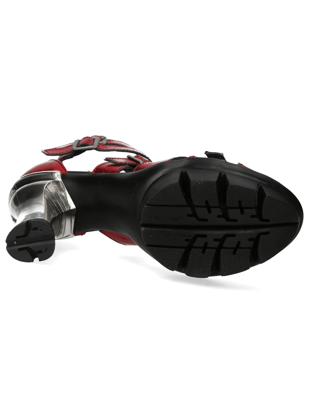 NEW ROCK Red Punk Heeled Sandals with Metallic Skull Buckles