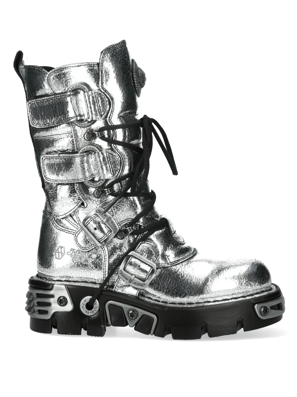 NEW ROCK Men's Silver Gothic Boots with Buckles and Lace-Up