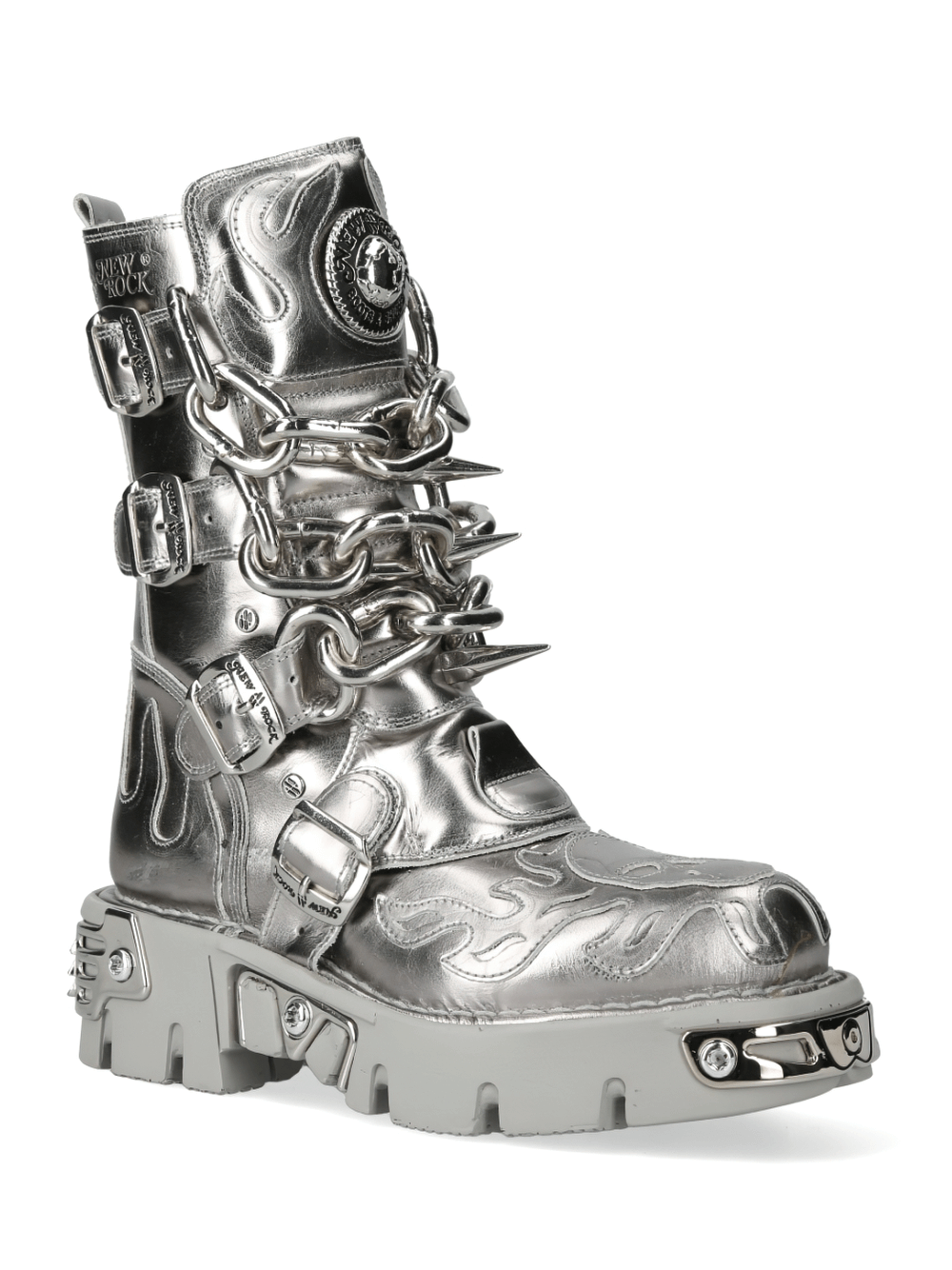 NEW ROCK Men's Silver Metallic Chain Boots for Punk Fashion