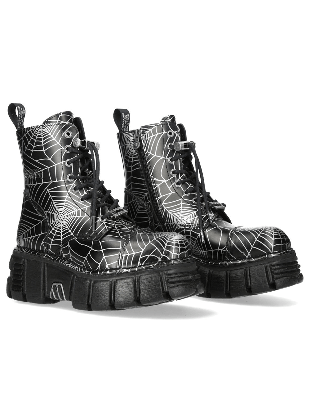 NEW ROCK Women's Black Platform Boots with White Spiderweb