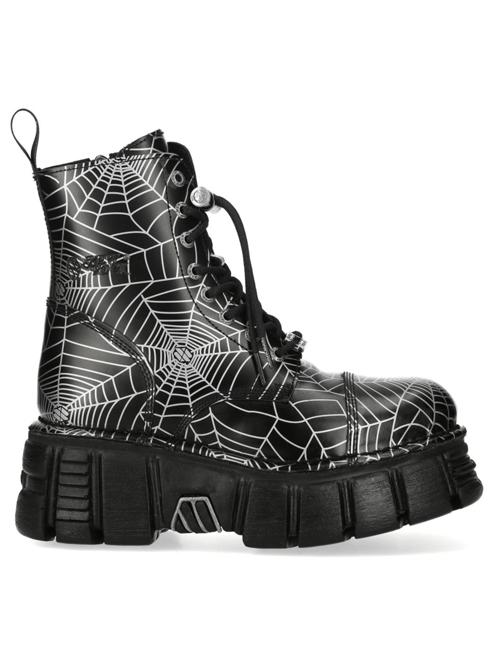 NEW ROCK Women's Black Platform Boots with White Spiderweb