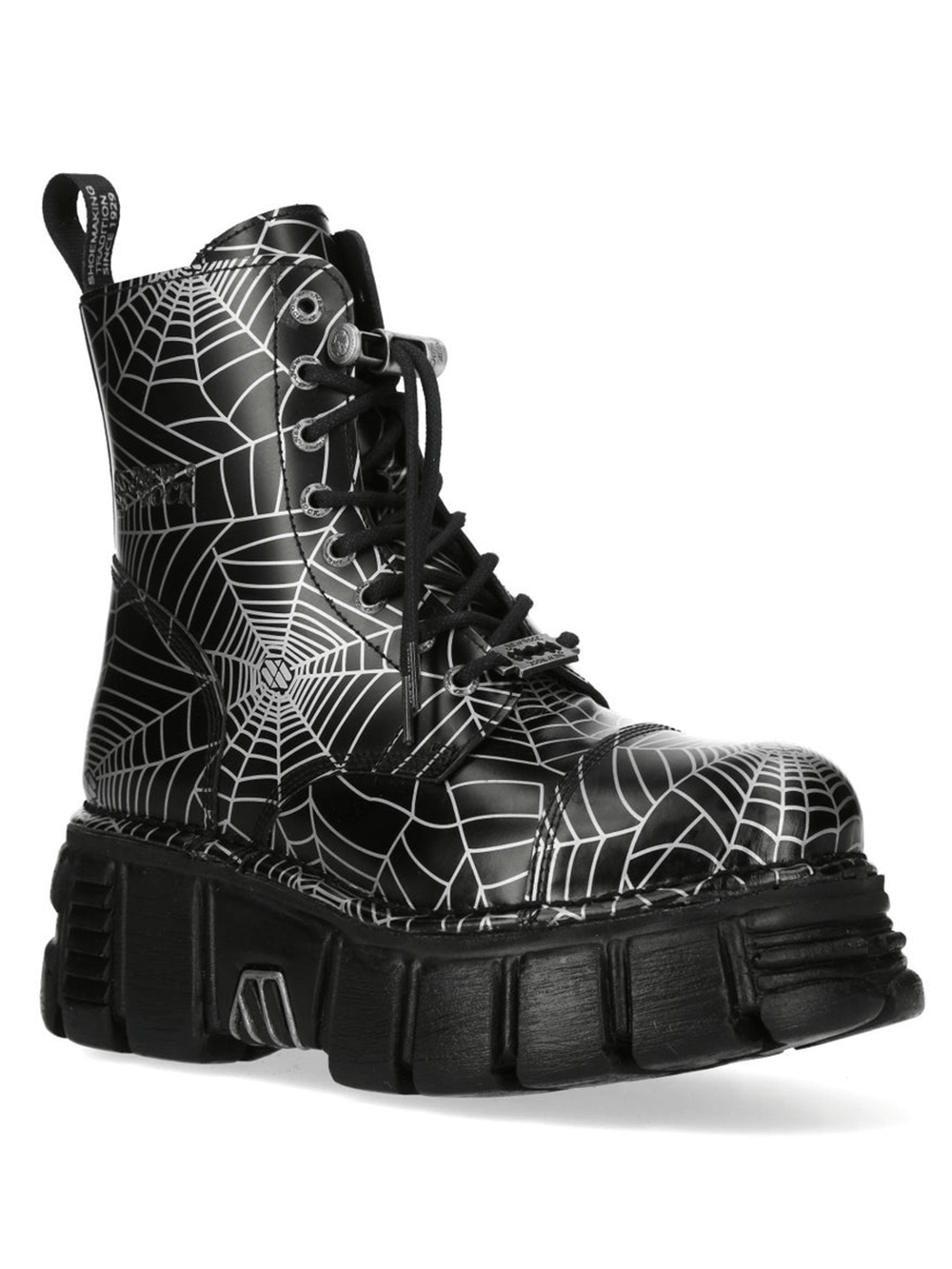 NEW ROCK Women's Black Platform Boots with White Spiderweb