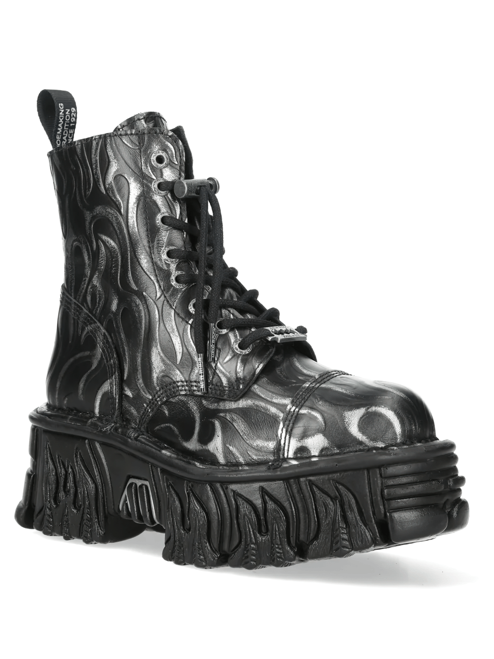 NEW ROCK Women's Black Silver Flame Boots with Lace Up Front