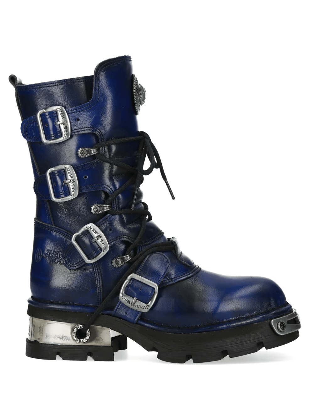 NEW ROCK Women's Navy Boots with Buckles and Chunky Soles