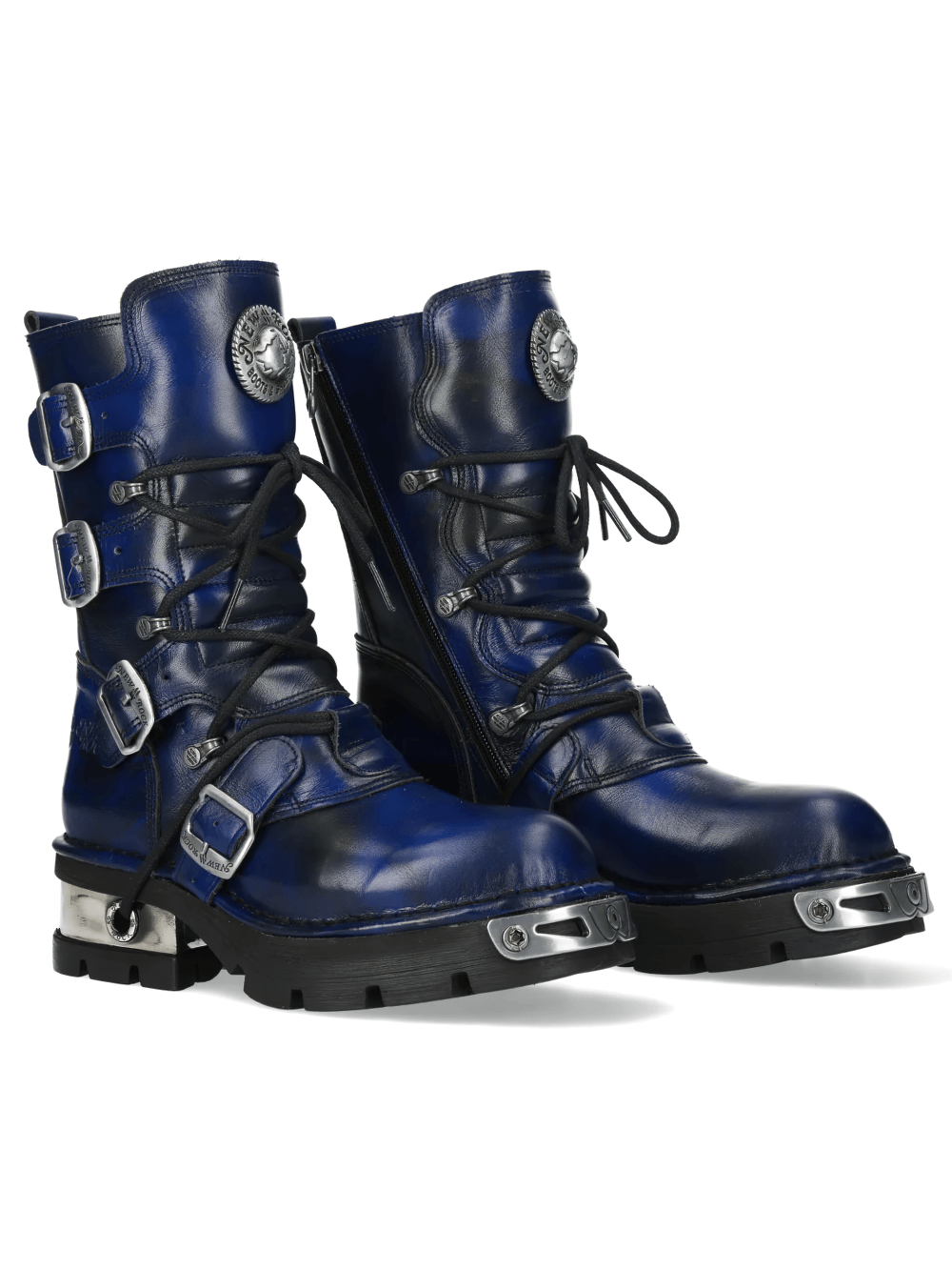 NEW ROCK Women's Navy Boots with Buckles and Chunky Soles
