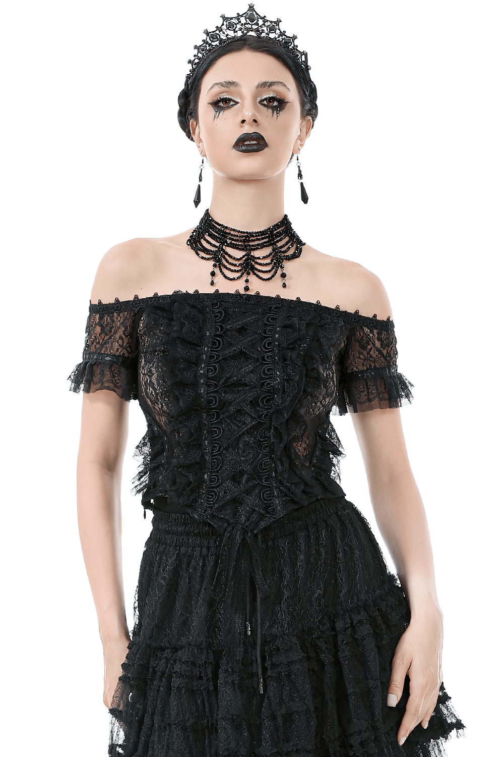 Off-Shoulder Lace-Trimmed Gothic Top with Ribbon Details