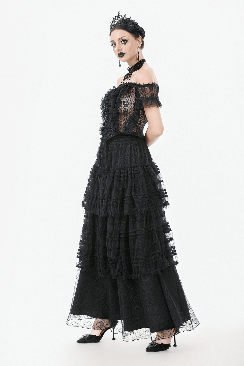 Off-Shoulder Lace-Trimmed Gothic Top with Ribbon Details