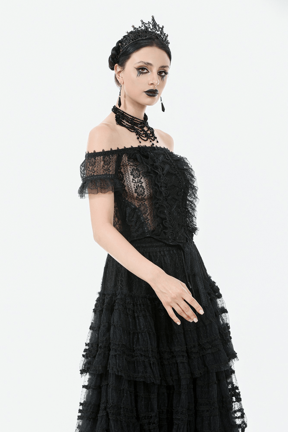 Off-Shoulder Lace-Trimmed Gothic Top with Ribbon Details