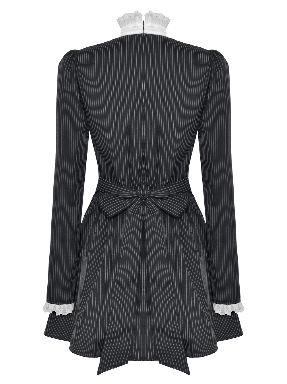 Pinstripe Gothic Dress with Lace Ruffle and Bow Details